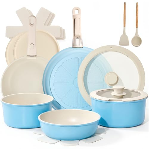 Warmiehomy Pots and Pans Sets Non-Stick 17Pcs with Detachable Handle Blue | Ceramic Nonstick Coating, 18cm/20cm/26cm Stackable Cookware Set, Induction Compatible, for RV, Dishwasher ＆ Oven Safe