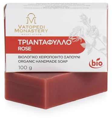 Savon bio fait main à la rose du Mont Athos, savon d’origine naturelle pour peau douce, soin nettoyant quotidien traditionnel, sans huile de palme - 100g