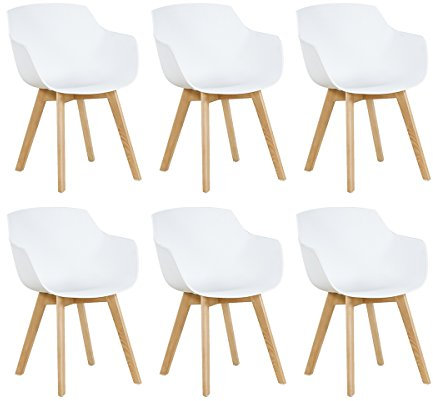 EGGREE 6er Set Esszimmerstühle Skandinavisch mit Armlehne und Starke Buche Stuhlbeine, Modern Design Sessel für Büro Küche Wohnzimmer, Weiß