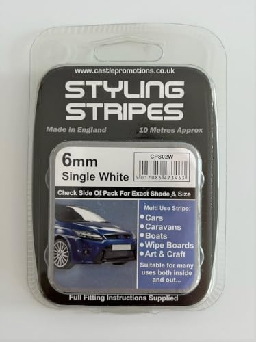 Pin Stripe 6mm x 10mtr Self Adhesive Car Pin Stripe Black - White - Red - Gold - Silver Coach Tape Styling Stripe (White)