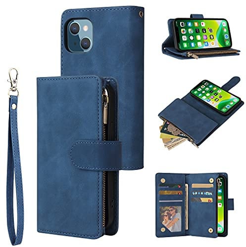 UEEBAI Wallet Case for iPhone 13 6.1, Premium Vintage PU Leather Magnetic Handbag Zipper Pocket Case Kickstand Card Slots with Wrist Strap TPU Shockproof Flip Cover - Blue