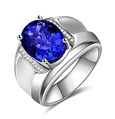 HCMA Anillo de lujo para hombre, accesorios de joyería de plata, anillos abiertos de circonita de zafiro ovalado para regalo de joyería de compromiso de boda
