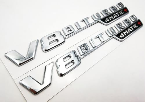 CMAOS 2 x silbernes V8 BiTurbo 4Matic+ Emblem Seitenkotflügel 3D Chrom Abzeichen für Mercedes CL63 E63 (Silber V8)