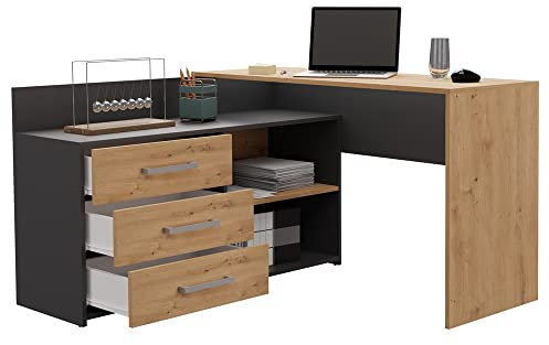 3xEliving Eck-Schreibtisch mit 3 Schubladen in L, 51 cm x 130 cm x 76 cm, Anthrazit & Artisan Eiche, Stehend