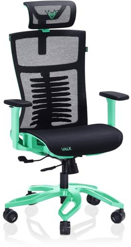 VALK Noma - Silla Gaming de Malla Transpirable, Silla Oficina Ergonomica, Reposabrazos 3D, Base Aluminio, Mecanismo Sincronizado, Reclinable, Asiento Deslizante, Reposacabezas (Negro/Aqua Menthe)
