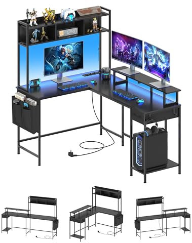 KIMENICH Bureau Gaming LED, Bureau d'angle avec Rangement, Multiprise, avec 2 Chargeur USB, 3 Prises, Support d'écran, Étagère, Tiroir, Crochets et Poche, Noir