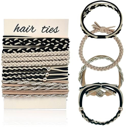 12 Stück Boho-Haargummis, Boho-Haargummis für Frauen und Mädchen, elastische Pferdeschwanzhalter mit Perlen-Haargummis (schwarz/beige)