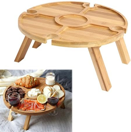 Inscrip Table à vin pliable - Table à vin ronde en bois - Table à vin pliable - Table de pique-nique pliable - Portable - Pour jardin, extérieur, camping, pique-nique, plage - 30 cm