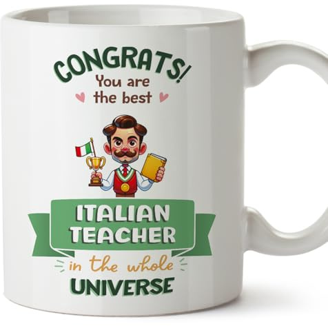 MUGFFINS Italian Teacher Man Mug - in English - Best in Universe Trophy - Funny Gift for Colleagues - Ceramic 11oz Mug