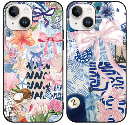 Phoona 2 Pack Cute Bow Case for iPhone 14 Plus 6.7, European Collage Preppy Summer Girly Design Pattern for Girls Women, Slim Soft Silicone Shockproof Bumper Protector Cover, Blue 01