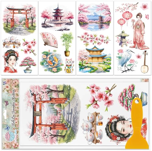 GLOBLELAND 4 Blatt Bunte Orientalische Blumen Transferaufkleber Zum Aufreiben Für Möbel 12x6 Zoll Japanischer Berg Fuji Transferaufkleber UV DTF Selbstklebende Aufkleber Für Schlafzimmer Wohnzimmer