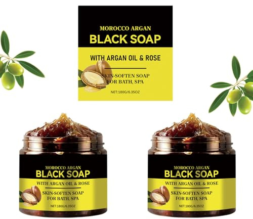 2pcs Jabón Negro Marroquí Exfoliante Corporal de Marruecos con Aceite de Argán y Rosa para Piel Suave Exfoliante Corporal Dispensador de Jabón para Baño para Todo Tipo de Piel 200g