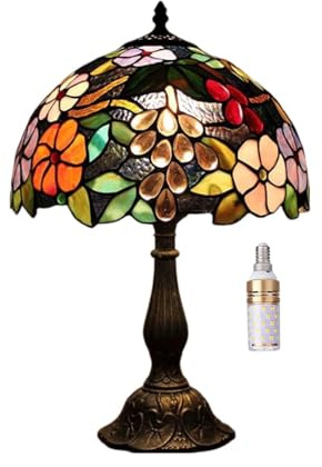 Five liters 12 Zoll Tiffany Tischlampe Handgefertigte Buntglas Lampe Trauben & Blumen Motiv Vintage Nachttischlampe Wohnzimmer Schlafzimmer Schreibtisch