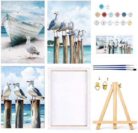 3 Stück Malen nach Zahlen Erwachsene mit Rahmen Set,Meer Strand Boot MöwenMotiv,Malen nach Zahlen mit Rahmen,Personalisiert Paint by Numbers Adult,Komplettset mit Pinsel,Farbenset,Holzrahmen,Staffelei