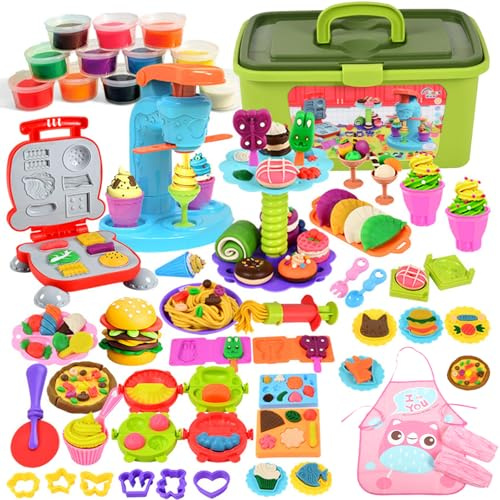 TOSUTO 65-teiliges Kinder-Modellierknete-Set: Nudelmaschine Spielset mit Burger & Eiscreme-Themen, inkl. Zubehör & 12 Dosen Knete – Spielzeuggeschenk für Mädchen & Jungen 3-10 Jahre