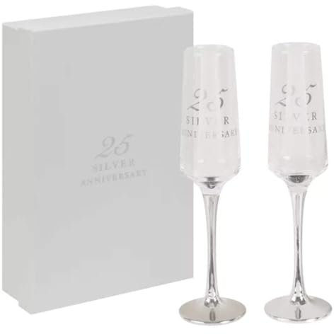 CC Amore - Set di 2 flute da champagne dritte per 25° anniversario di matrimonio, con steli argentati, personalizzabili