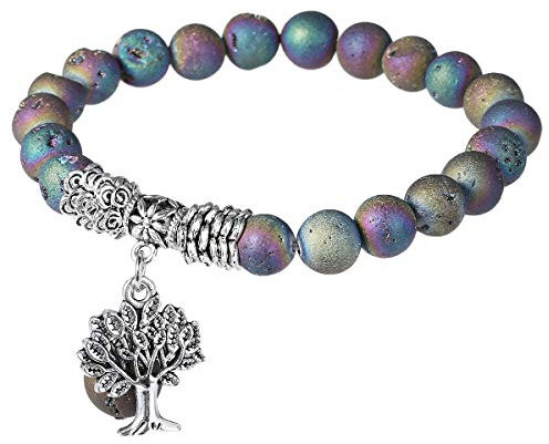 mookaitedecor Arc-en-Ciel Bracelet Pierre Lithotherapie Elastique, Bracelet Chakra Perles Energie Tibétain Bouddhiste avec Pendentif Arbre de Vie