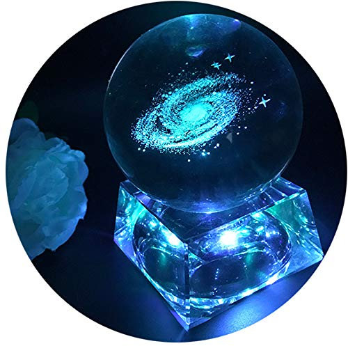 Boule de cristal galaxie - Boules de verre veilleuse chambre bébé avec pied de lampe à LED, Clair 80mm Sphère de verre Eclairage Galaxy cadeau enfant Lampe galaxie veilleuse pour enfant