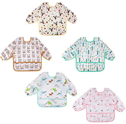 Lictin 5 Pcs Babero con Mangas Impermeable- Babero de Manga Larga con Escote Ajustable para Bebes (2-5 años)