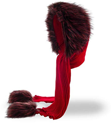 Futrzane Classic Kapuzenschal - Winter Schalmütze Damen - Mützenschal mit Fell (One Size, Rot - Kastanienbraun Classic)