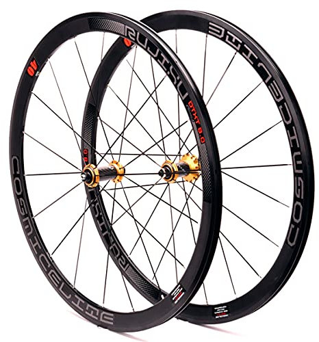 RUJIXU 700c Rennrad-Laufradsatz Rennrad Laufrad Doppelwandige Felgen 40mm 8-11 Geschwindigkeit Kassette Kohlefaser-Nabe Schnellspannrad Felgenbremse 1900g (Color : Gold hub, Size : 700C)