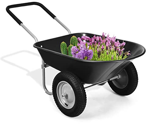 TANGZON 2-Wheeled Garden Wheelbarrow, 150KG Heavy Duty Garden Cart with Pneumatic Tyre and Powder Coated Steel Handle, Outdoor Tipping Carts for Garden, Farm and Warehouse (Black)