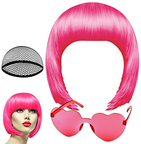 PLULON Peach Pink Bob Perücke und Sonnenbrille Set, Neon Kurz Bob Perücke Sonnenbrille Pack Kostüm Bunte Cosplay Perücke Haarteile für Bachelorette Neon Party Favors, Halloween Dekorationen