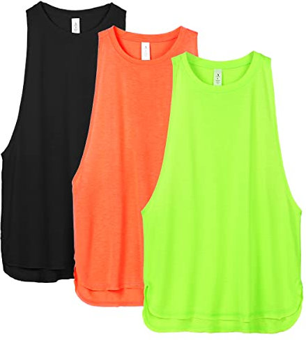 icyzone Damen Sport Tank Top Locker - Yoga Fitness Shirt Atmungsaktive Laufshirt Sport Gym Oberteile, 3er Pack (M, Black/Neon Green/Neon Orange)