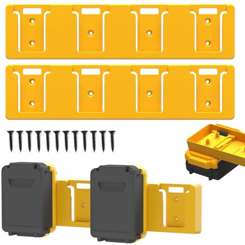 SZWJT-LV Battery Rack Compatible with DeWalt 20V Battery Holder, Mount 4 Slot Bulk Battery Garage Tool, Tools for Dewallt 20v, Wall Display Hook Holder (Yellow-2pc)