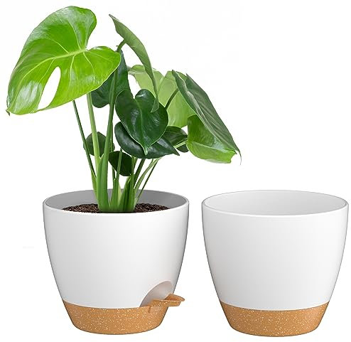 ZMTECH Vaso per Piante da 25 cm con Presa D'acqua Fioriere Autoinnaffianti con Fori Di Drenaggio e Sottovaso in Plastica per Piante da Interno e Da Esterno (Bianco, Confezione da 2)