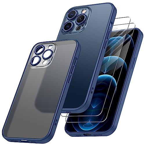 Qasyfanc Hybrid Cover Compatibile con iPhone 12 Pro, Custodia iPhone 12 Pro Sottile Antiurto con Protezione Fotocamera e 2 Pellicola Vetro Temperato, Blu