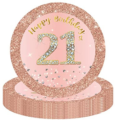 Happy 21st Birthday Paper Plates 7 Rose Gold,16Pcs Girls Birthday Party Plates Tableware,21st Birthday Decorations Plates for Girls,Women,Her 21st Birthday Party Supplies Table Decorations