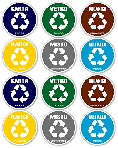 GamesMonkey® - Aufkleber für Mülltrennung Kreis Recycling Müll v4 - Wasserdicht waschbar Illustriert - Englisch Italienisch - Entspricht der Norm UNI 11686 (8,5 x 8,5, 12 Stück)