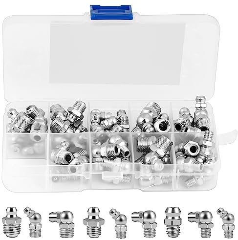 Teklemon 60 Pezzi Set di Ingrassatori, Grasso Raccordo Assortimento, Ingrassatori Testine M6 M8 M10 in Dritto e Angolato 45° 90° per Raccordo per Ingrassatore con Scatola per Attrezzature Meccaniche