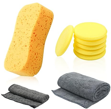 Car Cleaning Kit 9Pcs, jumbo Car Sponge Super Absorbent Car Wash Sponges Thick Microfibre Cleaning Cloth Scratch Free Double-side Car Wash Mitts Waxing sponge for Windscreen Bodywork Inside (H02)