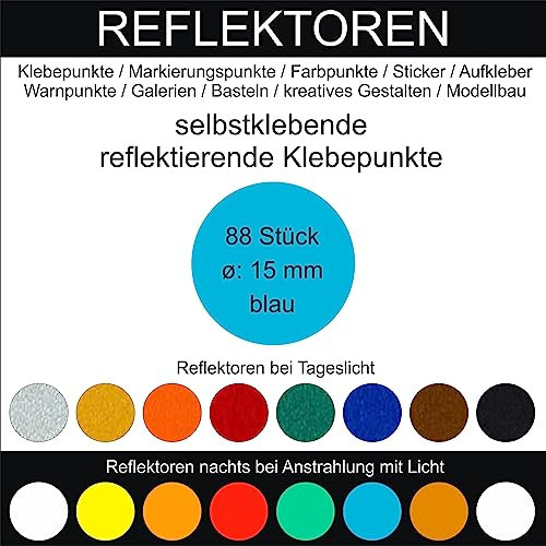 88 Stück Klebepunkte blau reflektierend aus Folie rund 15 mm selbstklebend wetterfest Aufkleber Reflektor Etiketten Sticker Decal Markierungen Organisieren DIY basteln verzieren Geocaching