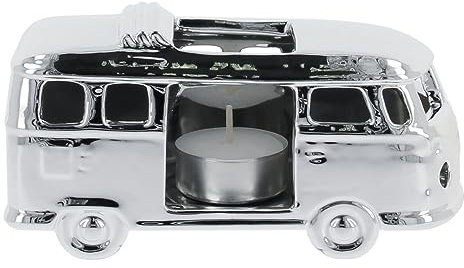 BRISA VW Collection - Volkswagen T1 Campervan Bus Tea Light Candle Holder Ceramic Table Decoration 1:28 (Silver)