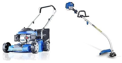 Hyundai 16/40cm 79cc Petrol Lawnmower, 6 Adjustable Cutting Heights, 40l Grass Collector Bag & 26cc Petrol Grass Trimmer, Split Shaft 38cm Cutting Width Powerful Garden Strimmer