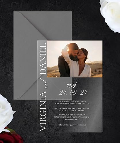 Manschin-Laserdesign Hochzeitseinladungen | Edle Einladungskarten aus Acrylglas für Hochzeit, Geburtstag, Partys - personalisierbar mit Ihrem Wunschtext - mit UV Druck