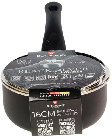 BLAUMANN Cookware Frying Grill Pots Pan Saucepan Casserole Soft Touch Handle Lid (Matt Black, 16x7cm Saucepan with Glass Lid...)
