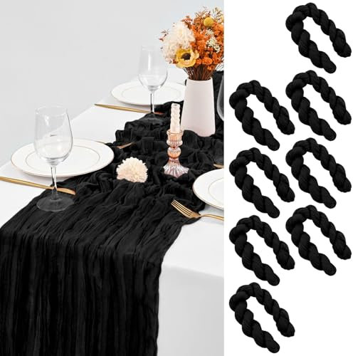 8 Stück Käsetuch Tischläufer Schwarz, 90 x 300 cm Schwarz Seihtuch Tischläufer Waschbares Gaze-Stoff Boho Tischläufer Cheesecloth Tischdekor für Hochzeit Brautparty Empfang Festival im Freien Dekor