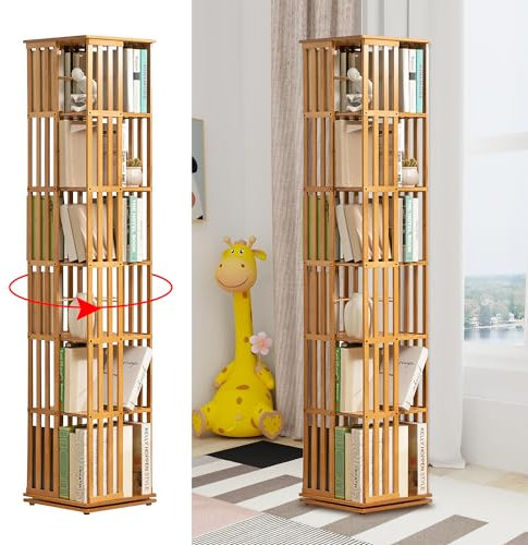Libreria per Bambini Rotante,Libreria Girevole 360 Gradi a 6 Livelli,Torre Verticale a Colonna da Terra Porta Libri Per Studio in Soggiorno Ufficio Cameretta Bambino Scaffale in Legno Autoportante