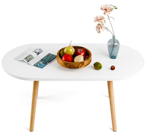 qorkhogr Ovaler Couchtisch Mitte des Jahrhunderts, moderner Wolken-Teetisch für Wohnzimmer, minimalistisches Display, Couchtisch, kleiner Holztisch für abgerundete Kanten, weiß, 100 cm