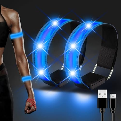 JIZZU LED Armband Aufladbar, 2 Stück Wasserdicht LED Reflektorband, USB Leuchtarmbänder, LED Armband Leuchtband für Nachtlauf, Radfahren, Joggen, Hundewandern, Outdoor-Sport(Blau)