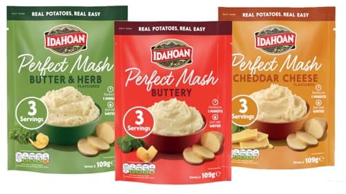 Idahoan Perfect Mash Potato Variety Pack of 3 x 109g - Instant Mashed Potato Butter & Herb, Buttery, Cheddar Cheese Mashed Potaoes Cooks in 1 Minute