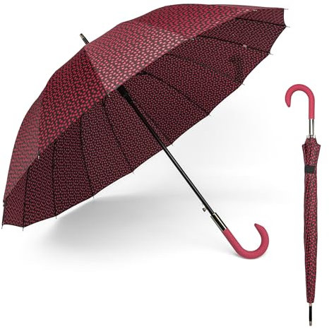 BESCH Paraguas Largo Clásico Grande Automático y Resistente al Viento (Corazones Rojo)