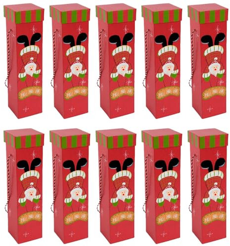 Tradineur - Pack de 10 Cajas para Botella de Vino - Diseño Navideño - Fabricación en cartón Resistente Guardar navidades - Color Rojo y Verde