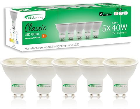 BELL Lighting GU10 LED Spotlight Bulbs 4.4W 350lm Natural White 5 Pack | Non-dimmable GU10 LED spotlight bulbs with 4000K natural white light, 350lm output and 38 degree beam for downlights.