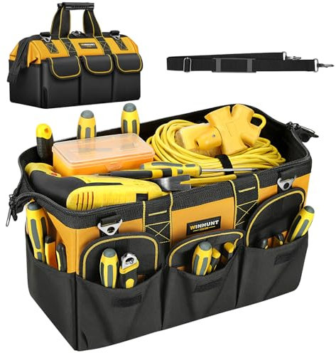 WINHUNT Heavy Duty Tool Bag with Adjustable Shoulder Strap, Waterproof Wide Open Mouth Tools Storage Organiser, 18 Inch, Yellow
