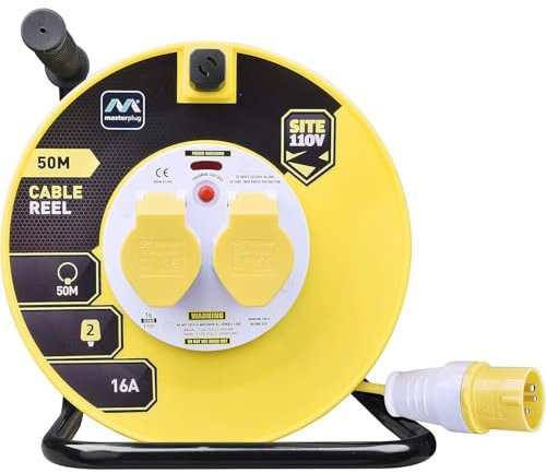 AMK® Open Cable Reel 2 Gang 50m Site Rated 110V Heavy Duty Industrial Extension for Professional Use with Overheat Protection